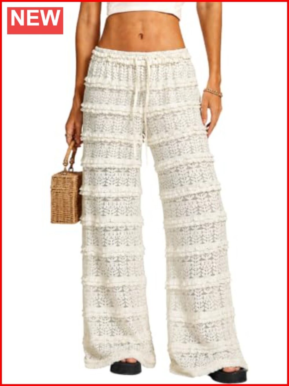 Boho Lace Pants Ruffle Layered Elastic Waist Lightweight Summer Beach Pants